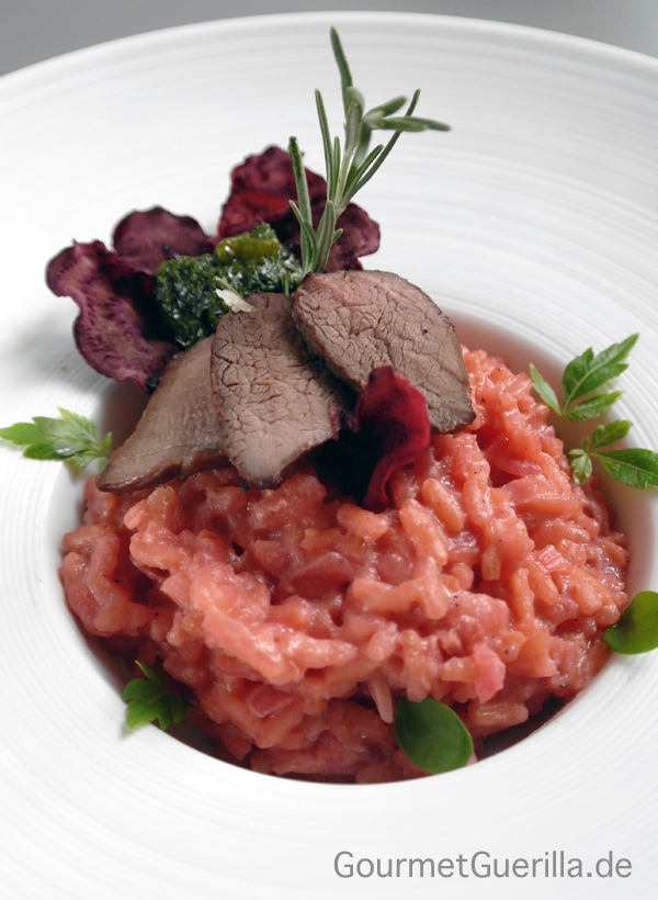 A blog birthday: pink risotto with steak tails and cilantro tangerine pesto and pink gifts.